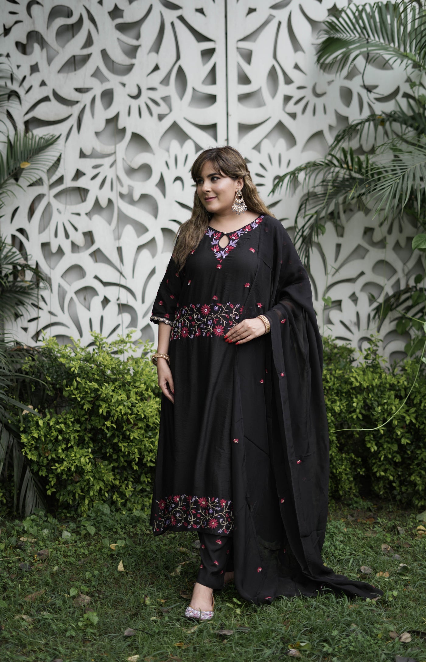 Black Chanderi Chikankari Suit Set-Custom Made