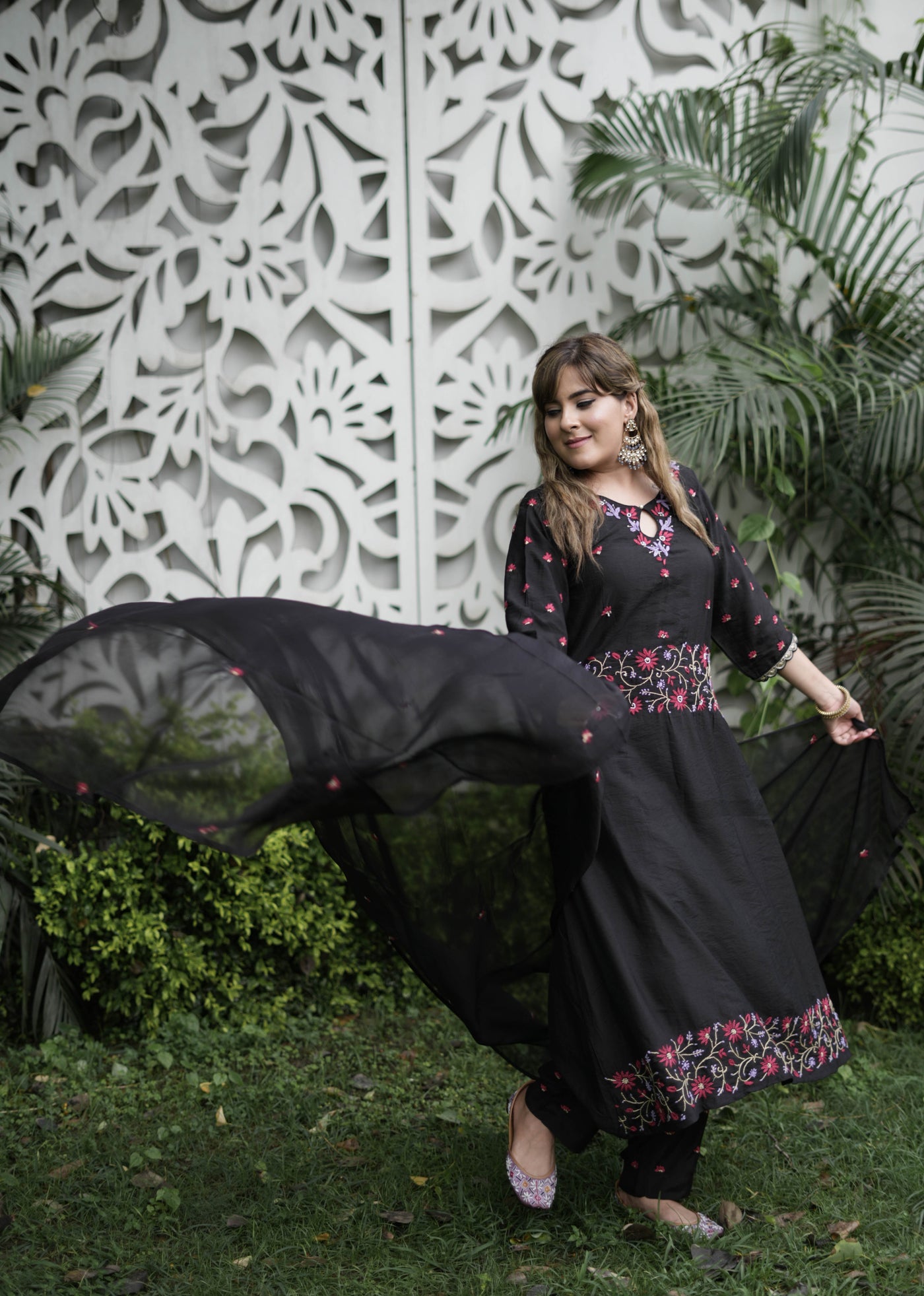 Black Chanderi Chikankari Suit Set-Custom Made