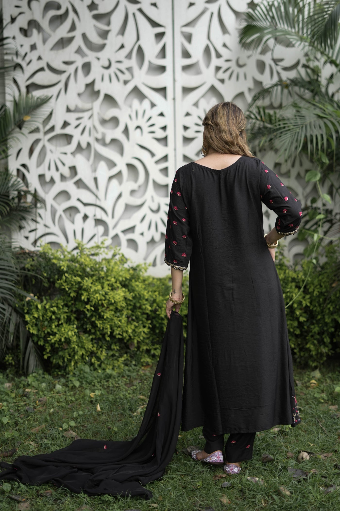 Black Chanderi Chikankari Suit Set-Custom Made