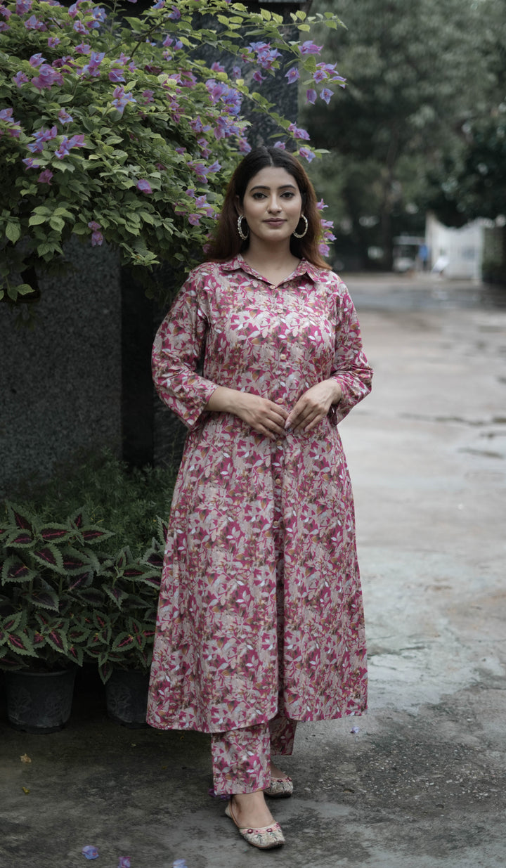 Dark Pink Printed Modal Cotton Kurta With Pant Set