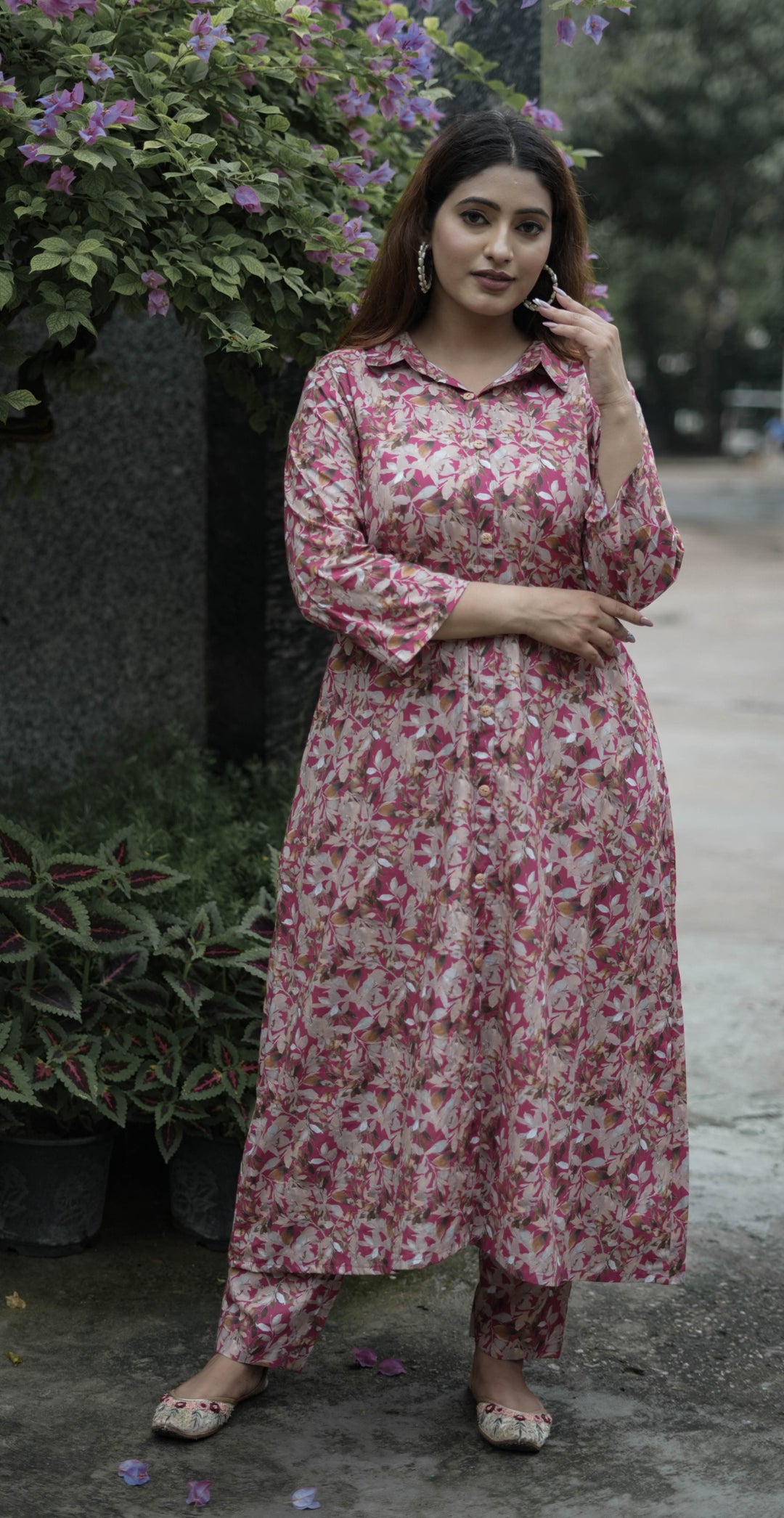 Dark Pink Printed Modal Cotton Kurta With Pant Set