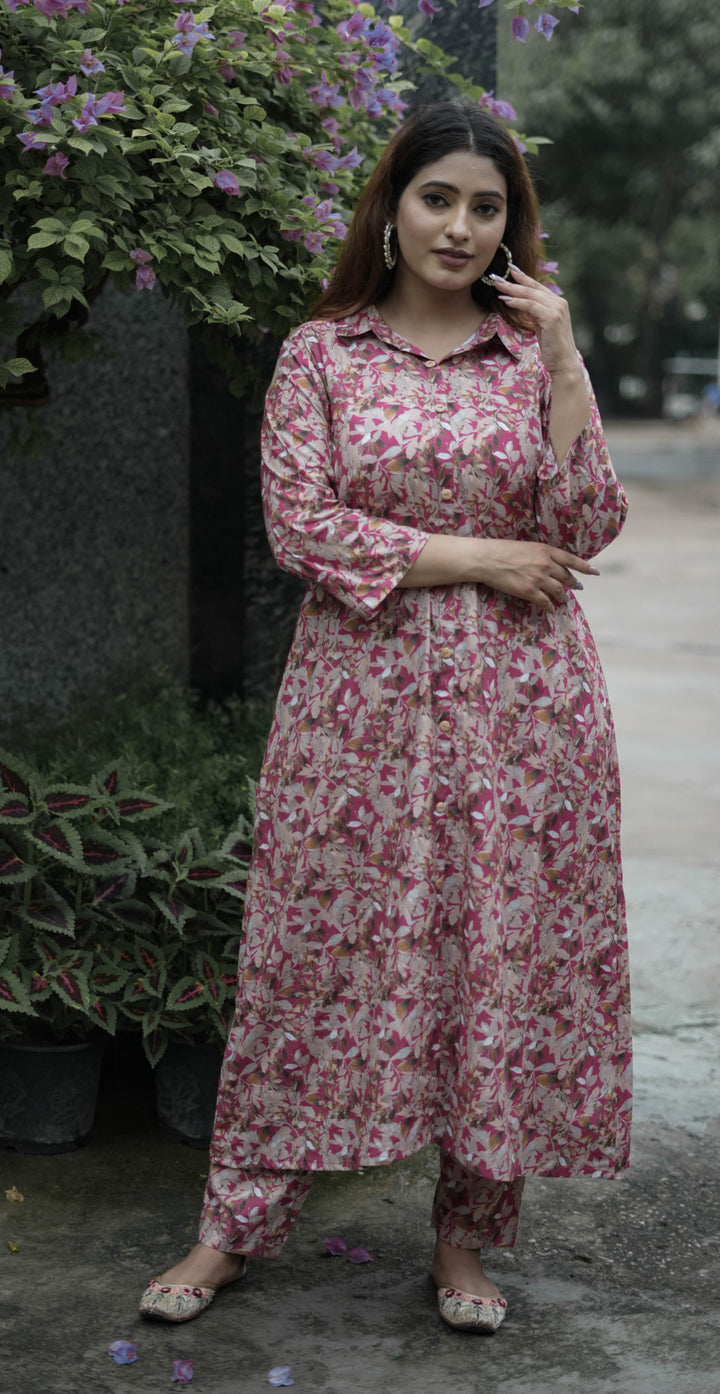Dark Pink Printed Modal Cotton Kurta With Pant Set