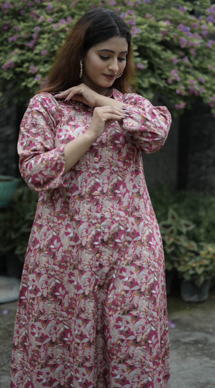Dark Pink Printed Modal Cotton Kurta With Pant Set