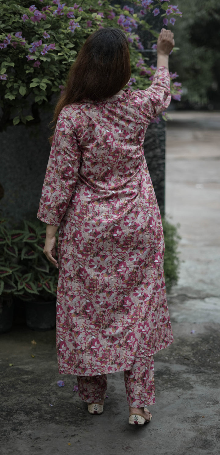Dark Pink Printed Modal Cotton Kurta With Pant Set