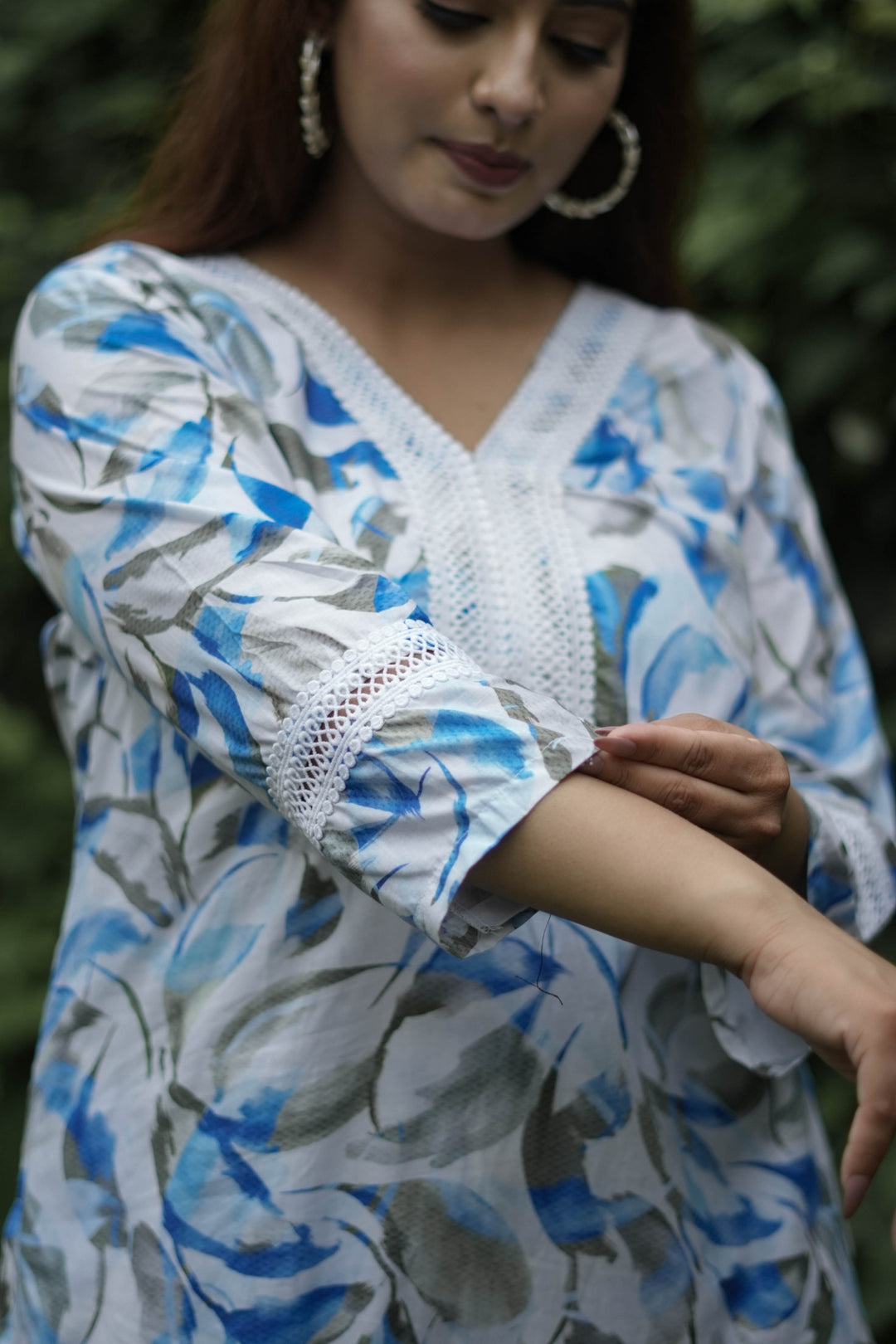 White And Blue Printed Modal Cotton Kurta With Pant Set