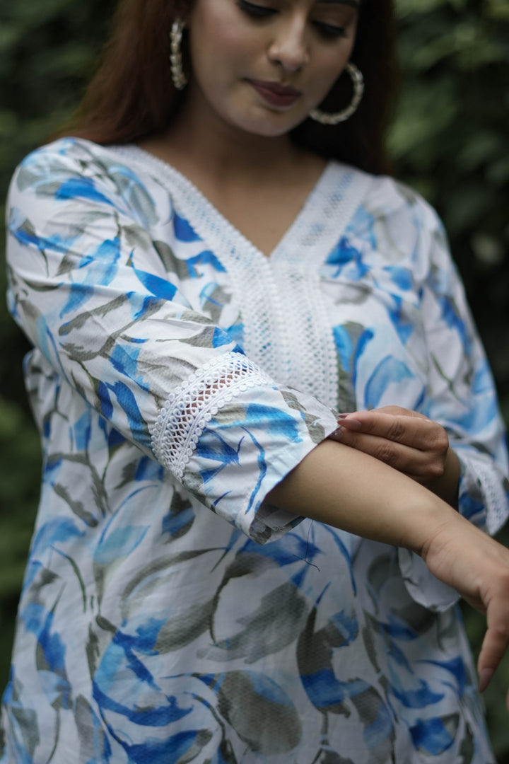 White And Blue Printed Modal Cotton Kurta With Pant Set