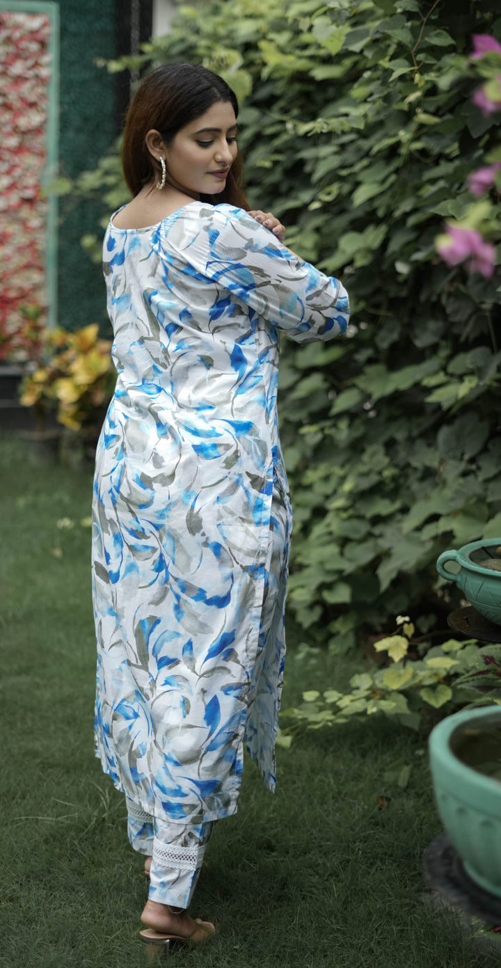 White And Blue Printed Modal Cotton Kurta With Pant Set