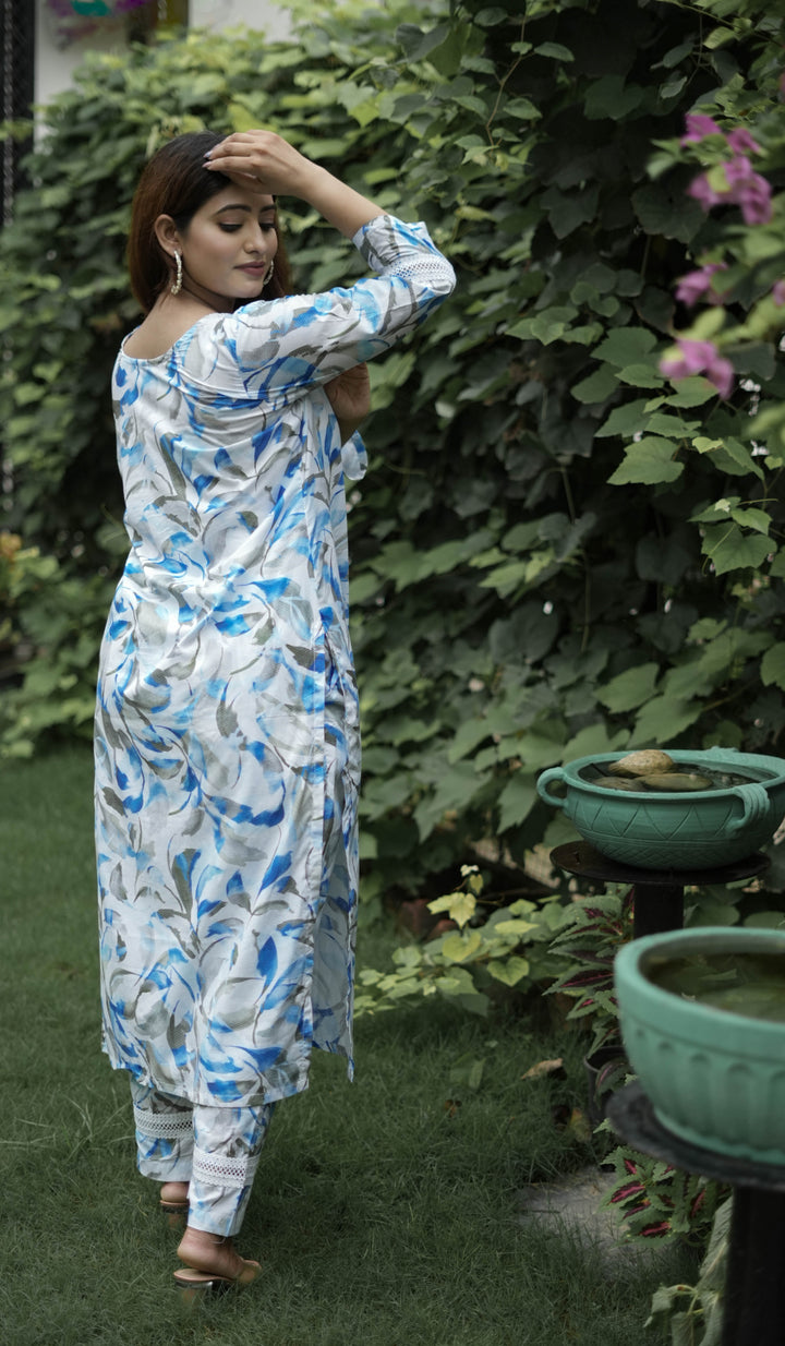 White And Blue Printed Modal Cotton Kurta With Pant Set