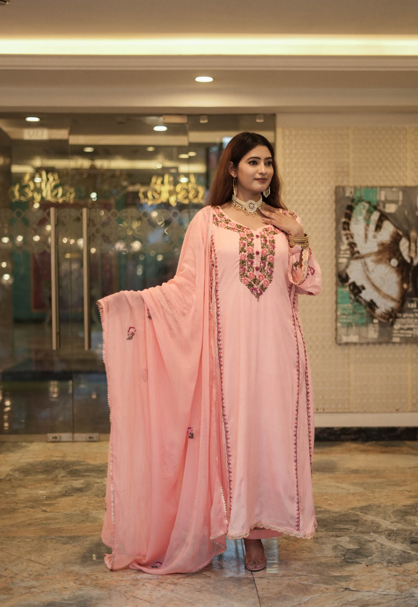 Peach Chanderi Chikankari Suit Set-Custom Made