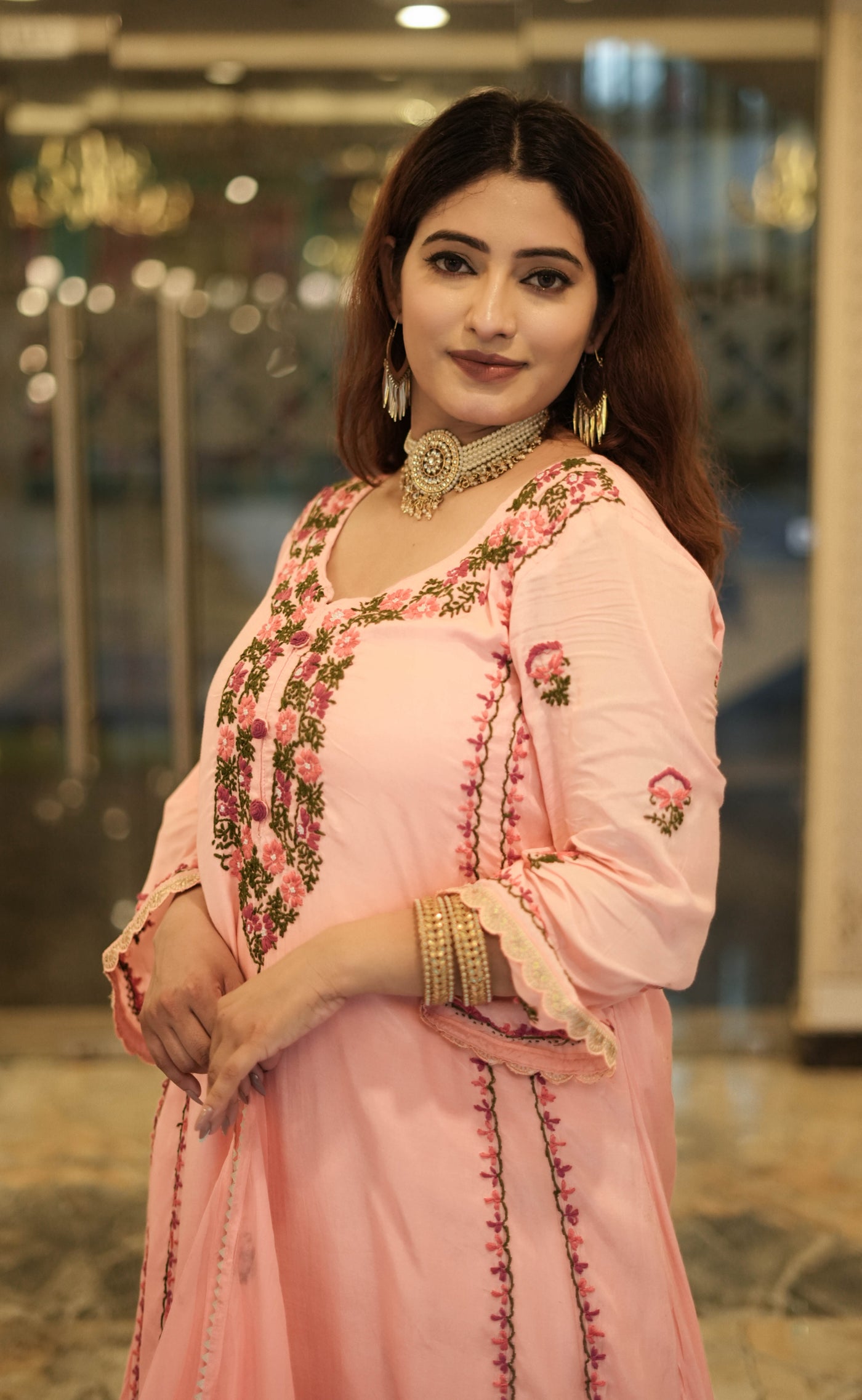 Peach Chanderi Chikankari Suit Set-Custom Made