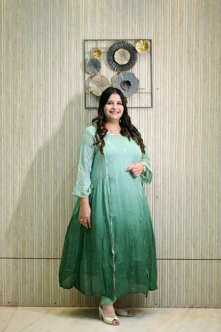 Sea Green Ombre Chikankari Georgette Suit Set -Custom Made