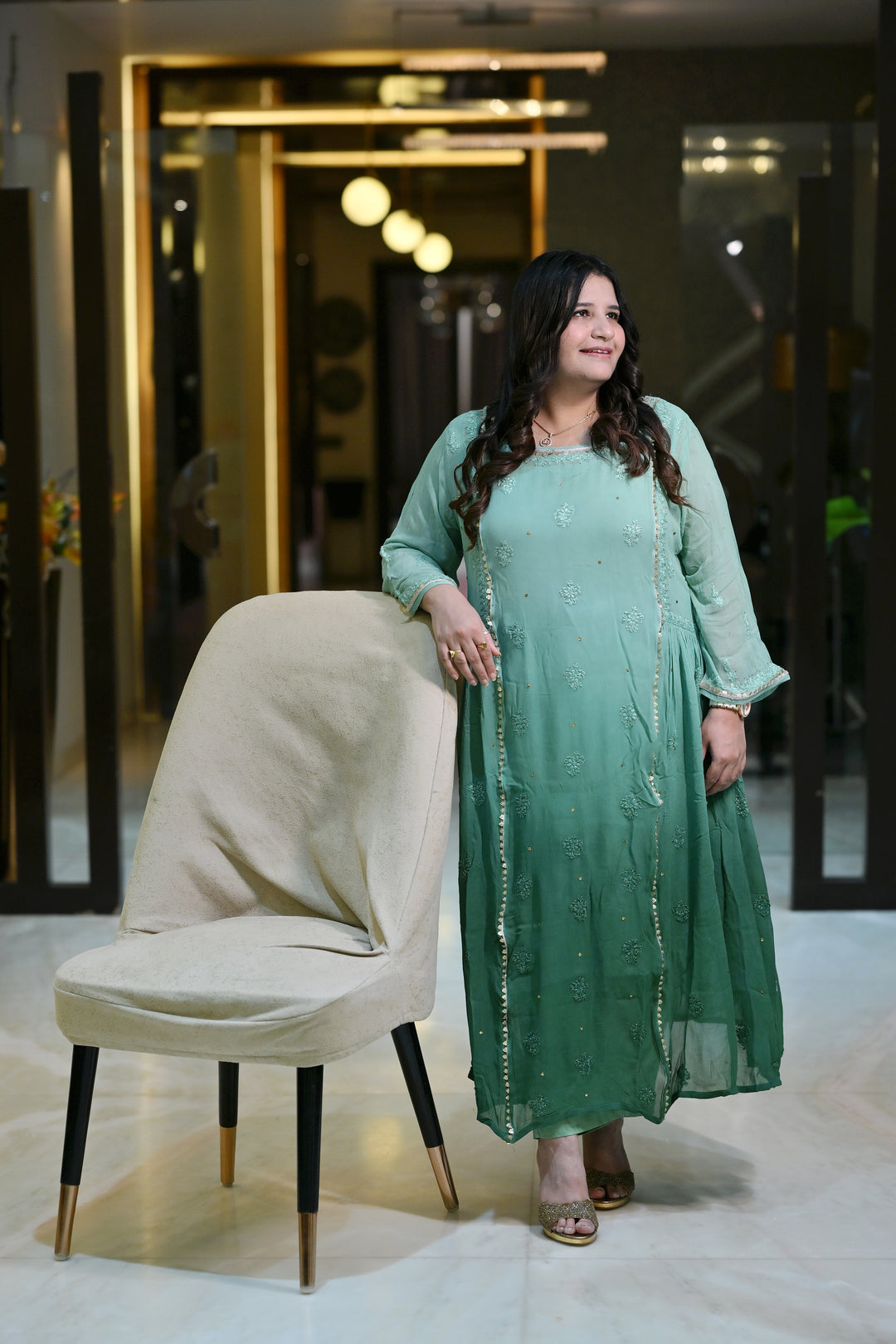 Sea Green Ombre Chikankari Georgette Suit Set -Custom Made