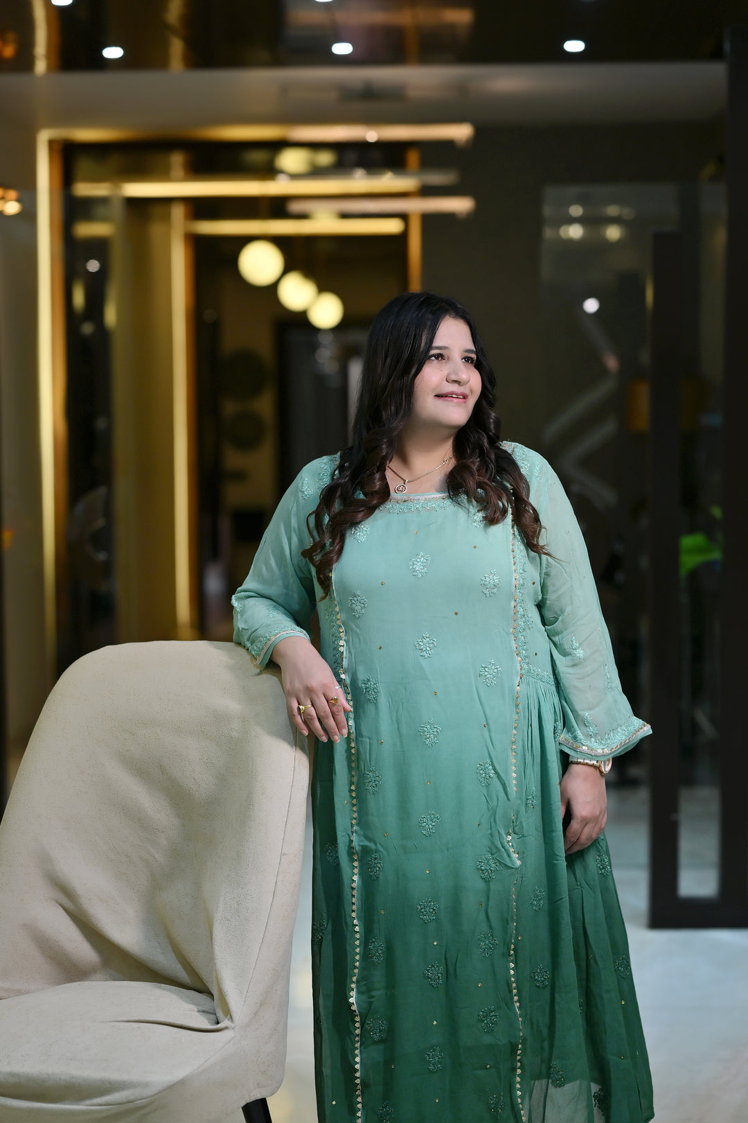 Sea Green Ombre Chikankari Georgette Suit Set -Custom Made