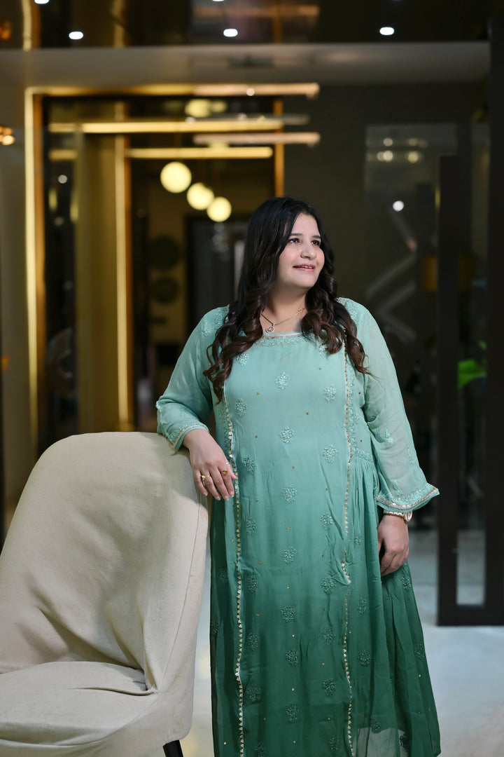 Sea Green Ombre Chikankari Georgette Suit Set -Custom Made
