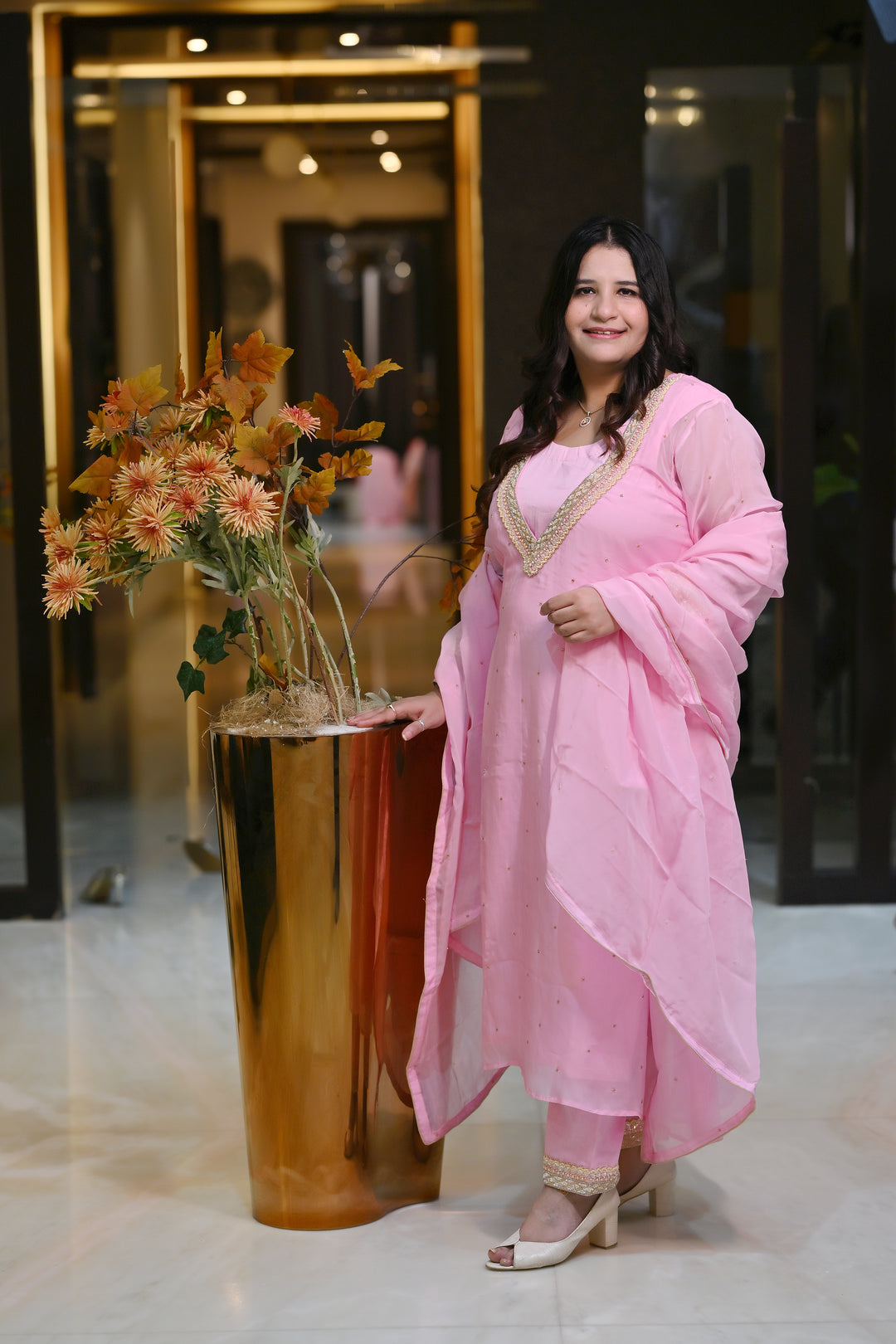 Baby Pink A-Line Hand Embroidered Suit Set-Custom Made