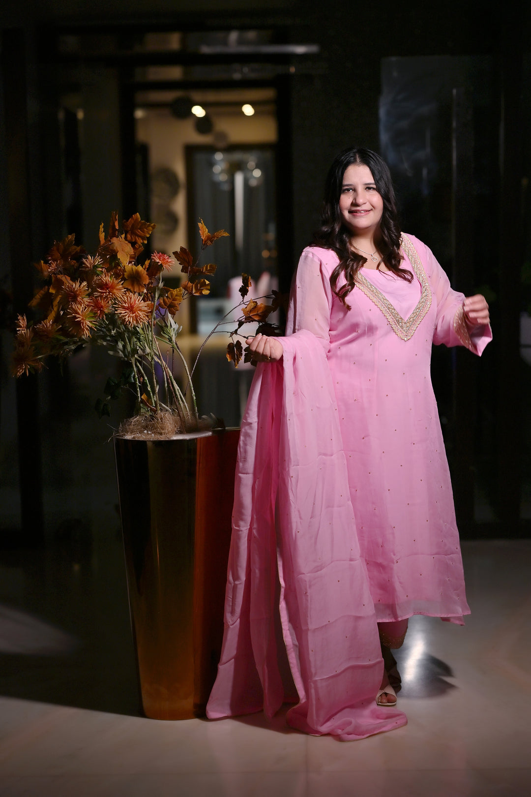 Baby Pink A-Line Hand Embroidered Suit Set-Custom Made