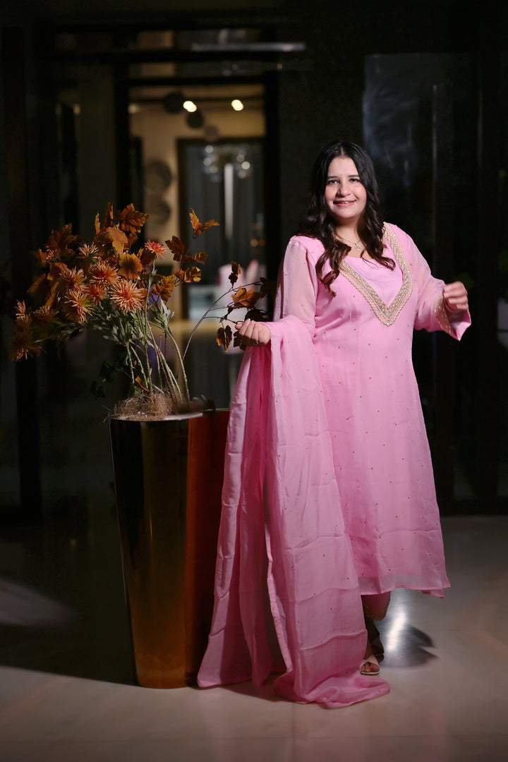 Baby Pink A-Line Hand Embroidered Suit Set-Custom Made