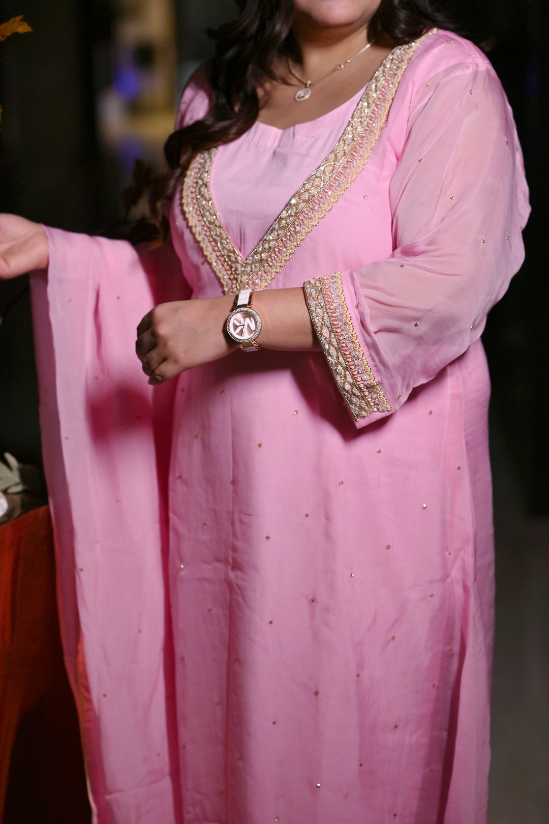 Baby Pink A-Line Hand Embroidered Suit Set-Custom Made