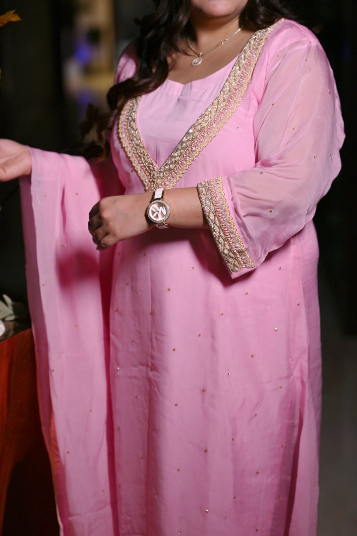 Baby Pink A-Line Hand Embroidered Suit Set-Custom Made