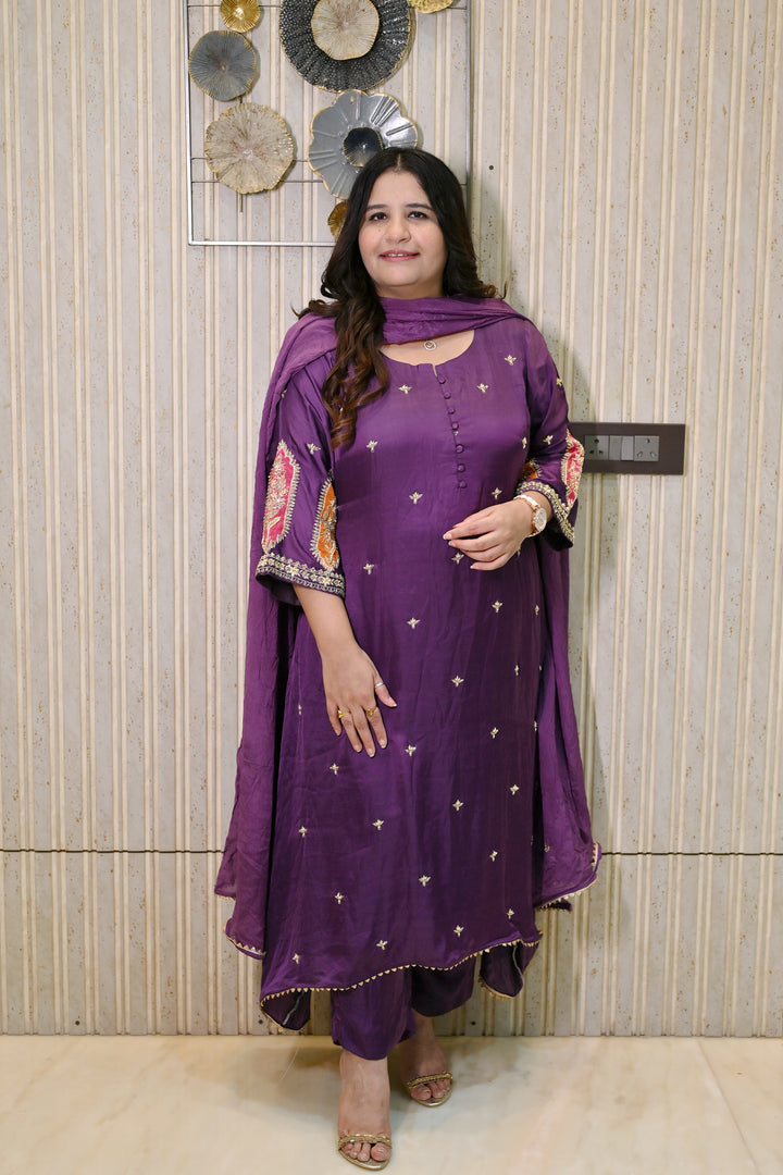 Wine A-Line Hand Embroidered Suit Set-Custom Made