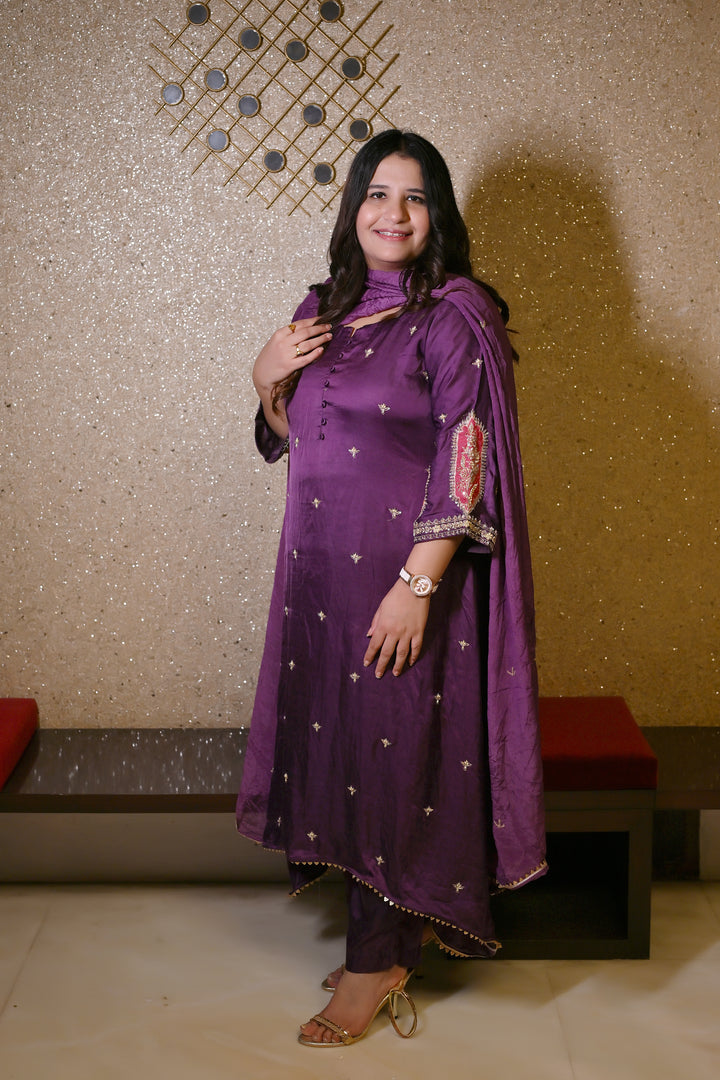 Wine A-Line Hand Embroidered Suit Set-Custom Made