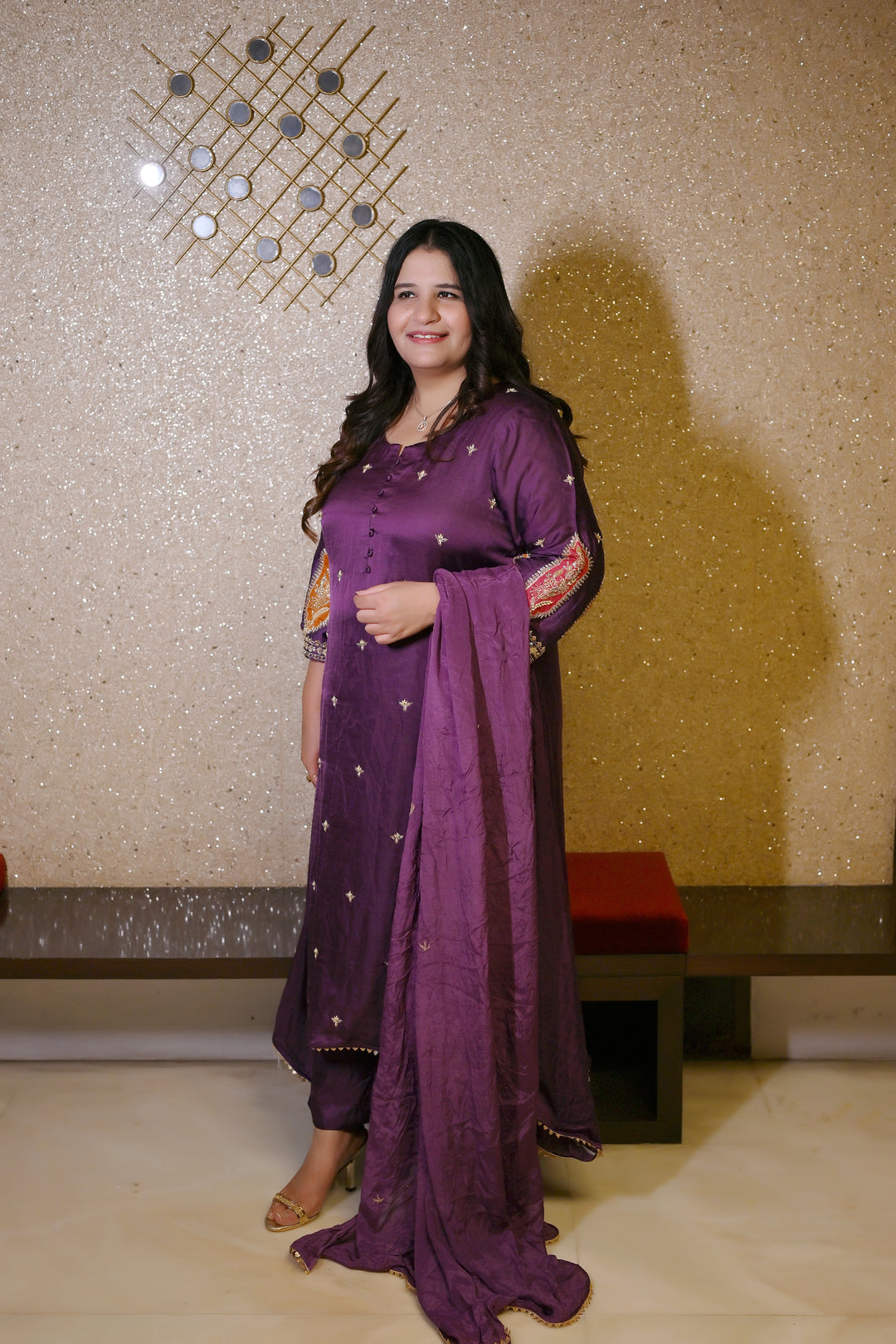 Wine A-Line Hand Embroidered Suit Set-Custom Made