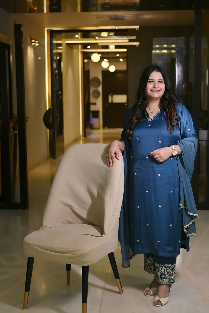 Blue Hand Embroidered Suit Set-Custom Made