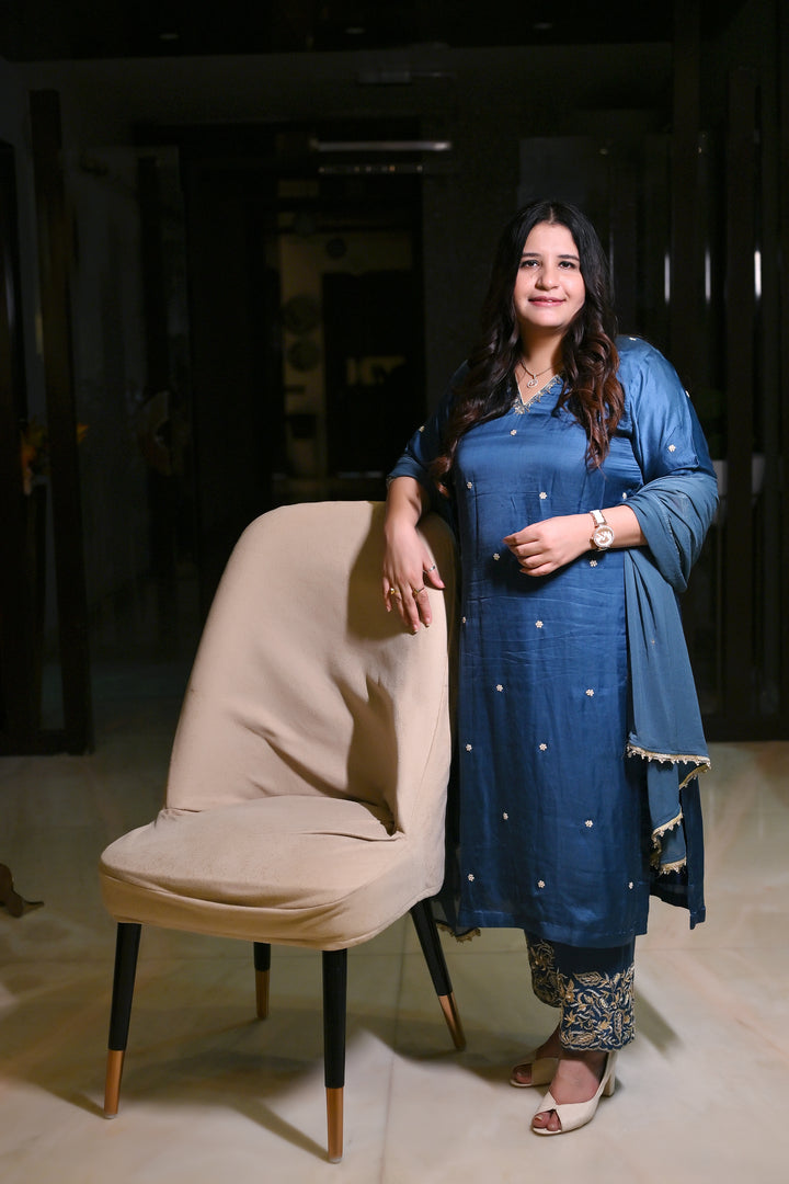 Blue Hand Embroidered Suit Set-Custom Made