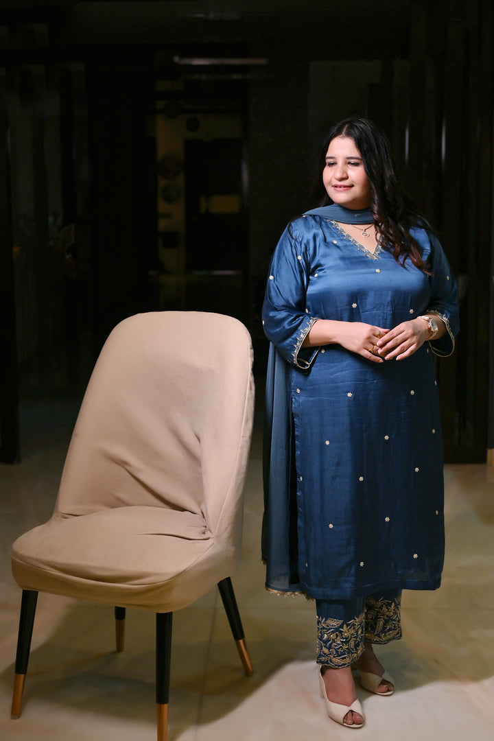 Blue Hand Embroidered Suit Set-Custom Made