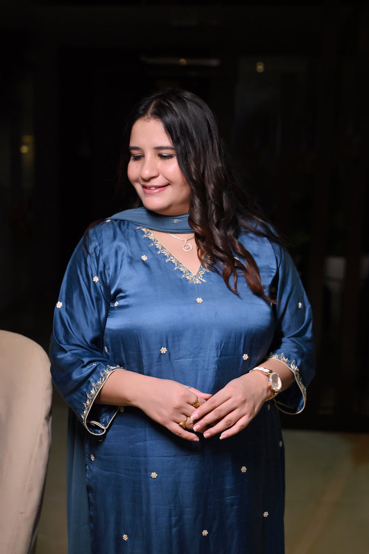 Blue Hand Embroidered Suit Set-Custom Made