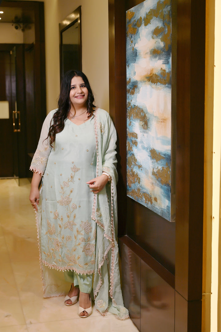 Sea Green Hand Embroidered Suit Set-Custom Made