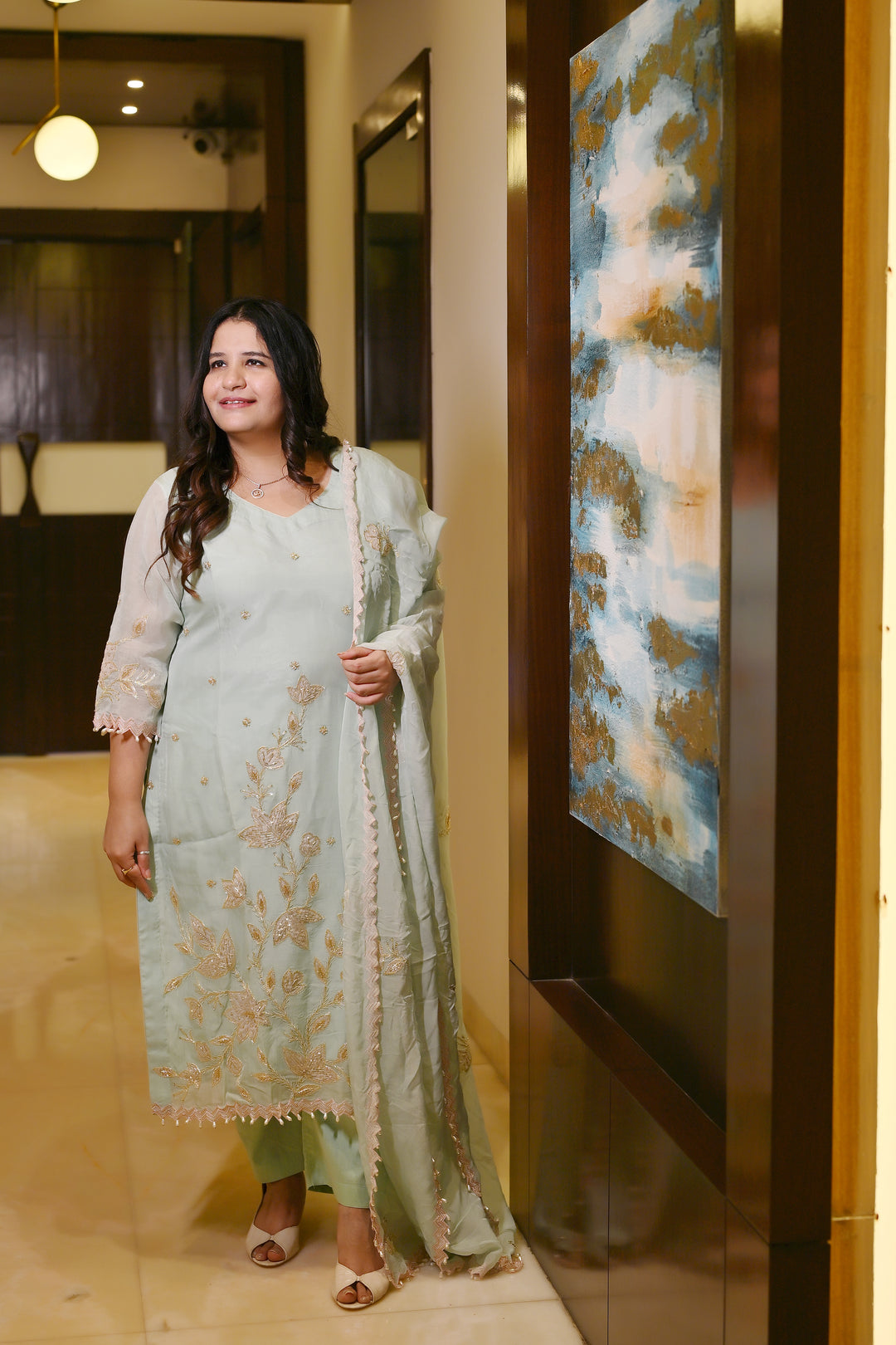 Sea Green Hand Embroidered Suit Set-Custom Made