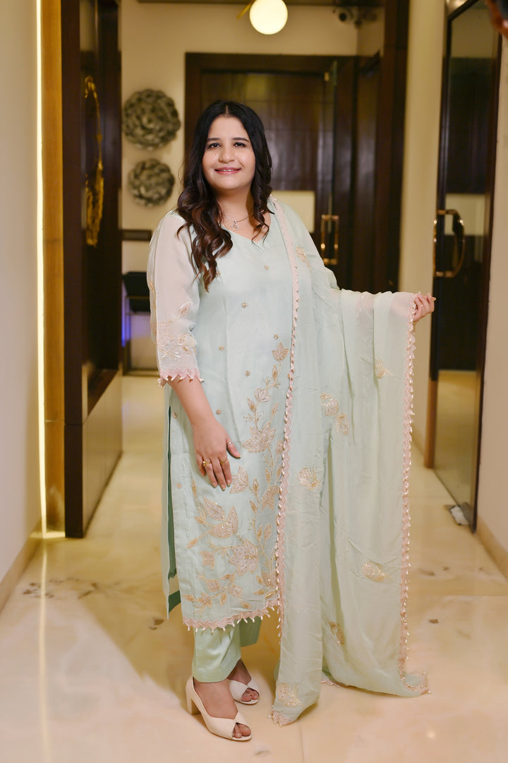 Sea Green Hand Embroidered Suit Set-Custom Made