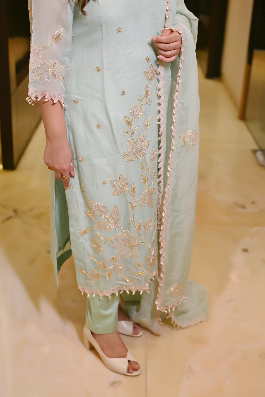 Sea Green Hand Embroidered Suit Set-Custom Made