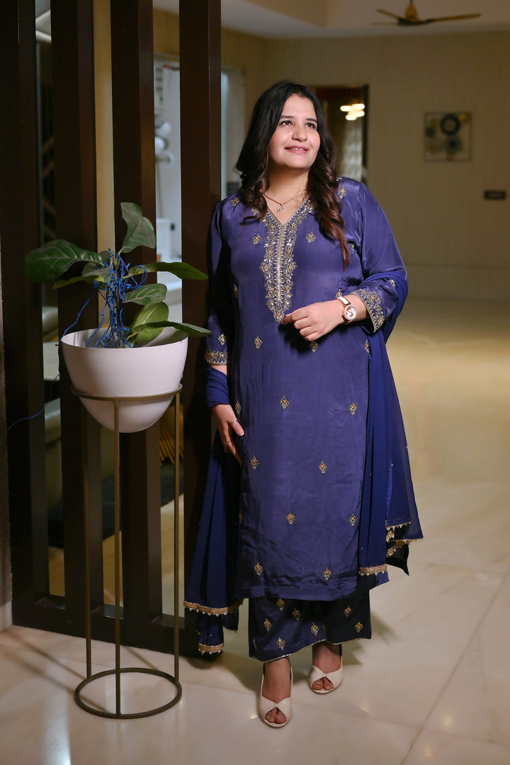 Navy Blue Hand Embroidered Suit Set-Custom Made