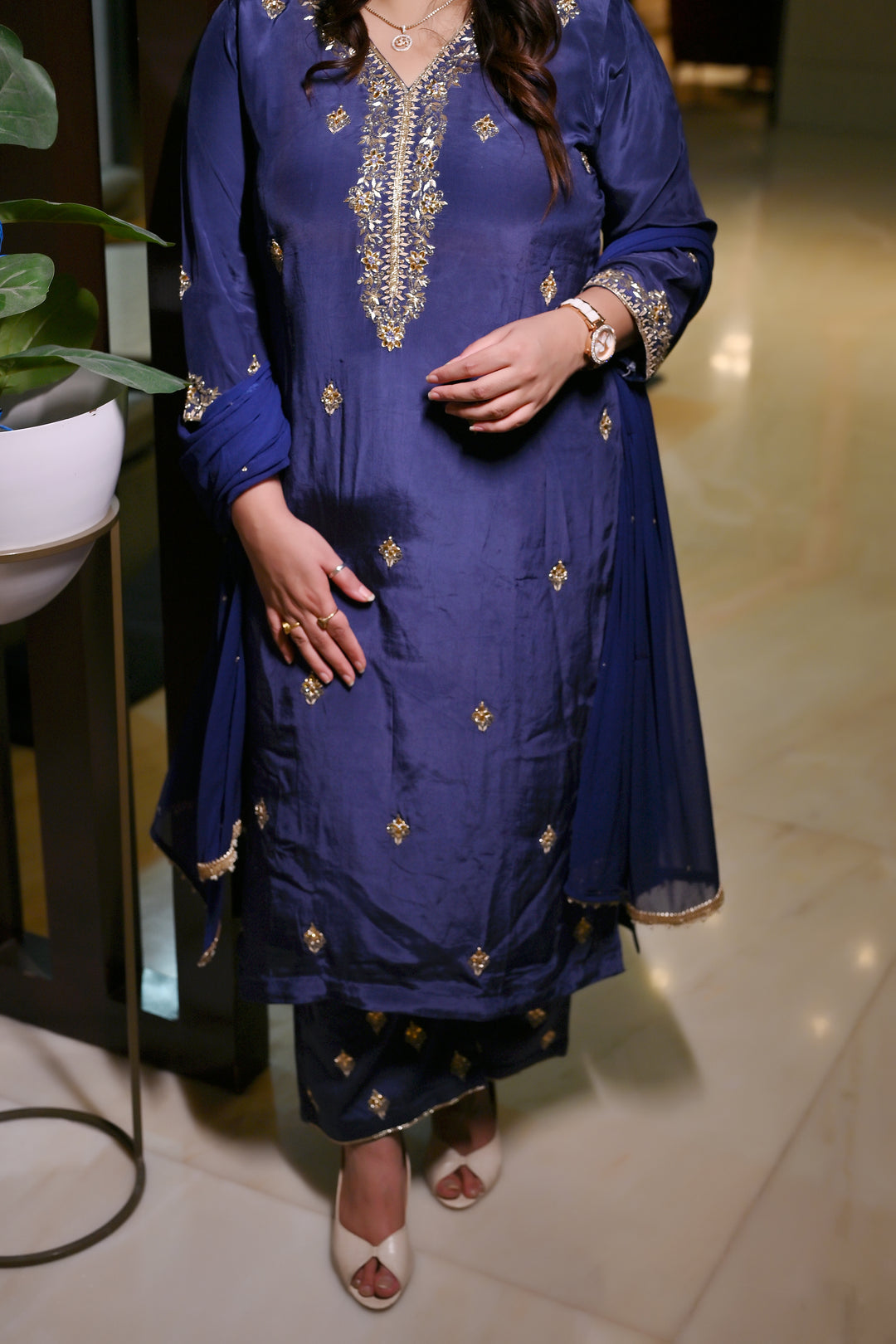 Navy Blue Hand Embroidered Suit Set-Custom Made