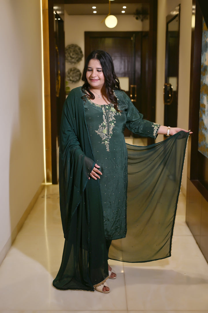 Dark Green Hand Embroidered Suit Set-Custom Made
