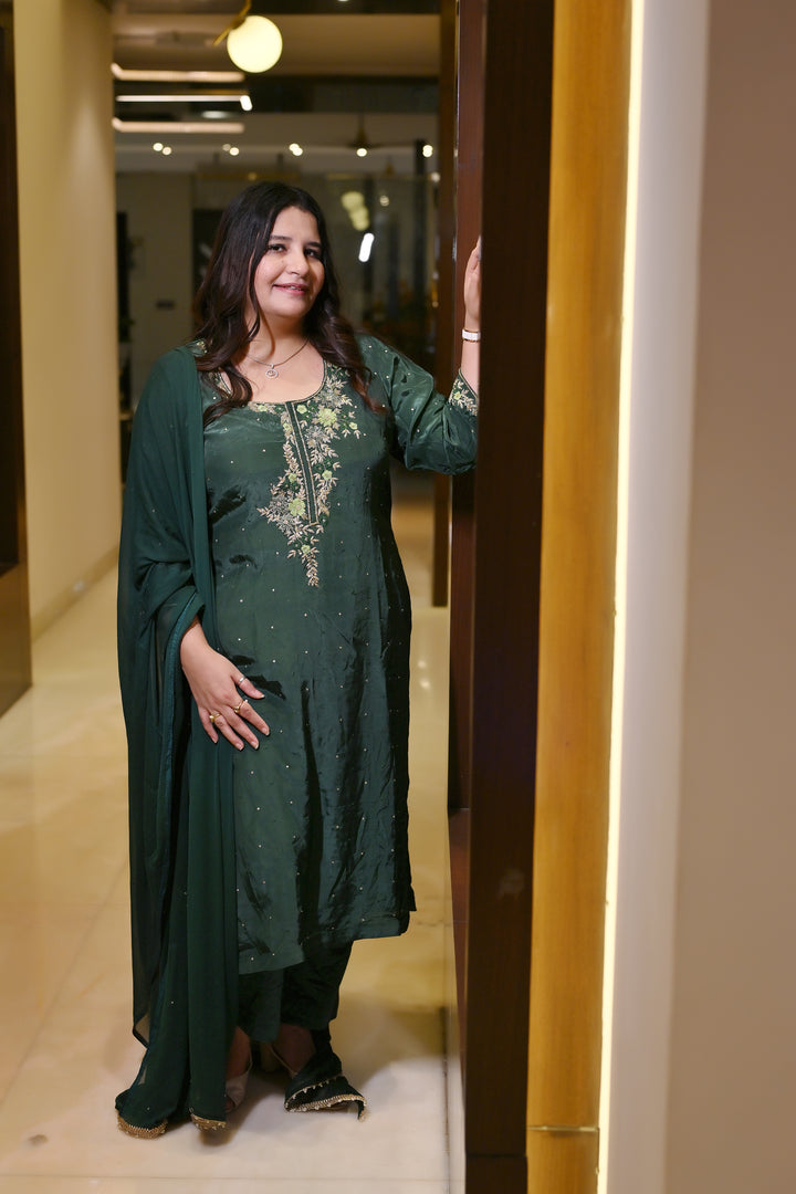 Dark Green Hand Embroidered Suit Set-Custom Made