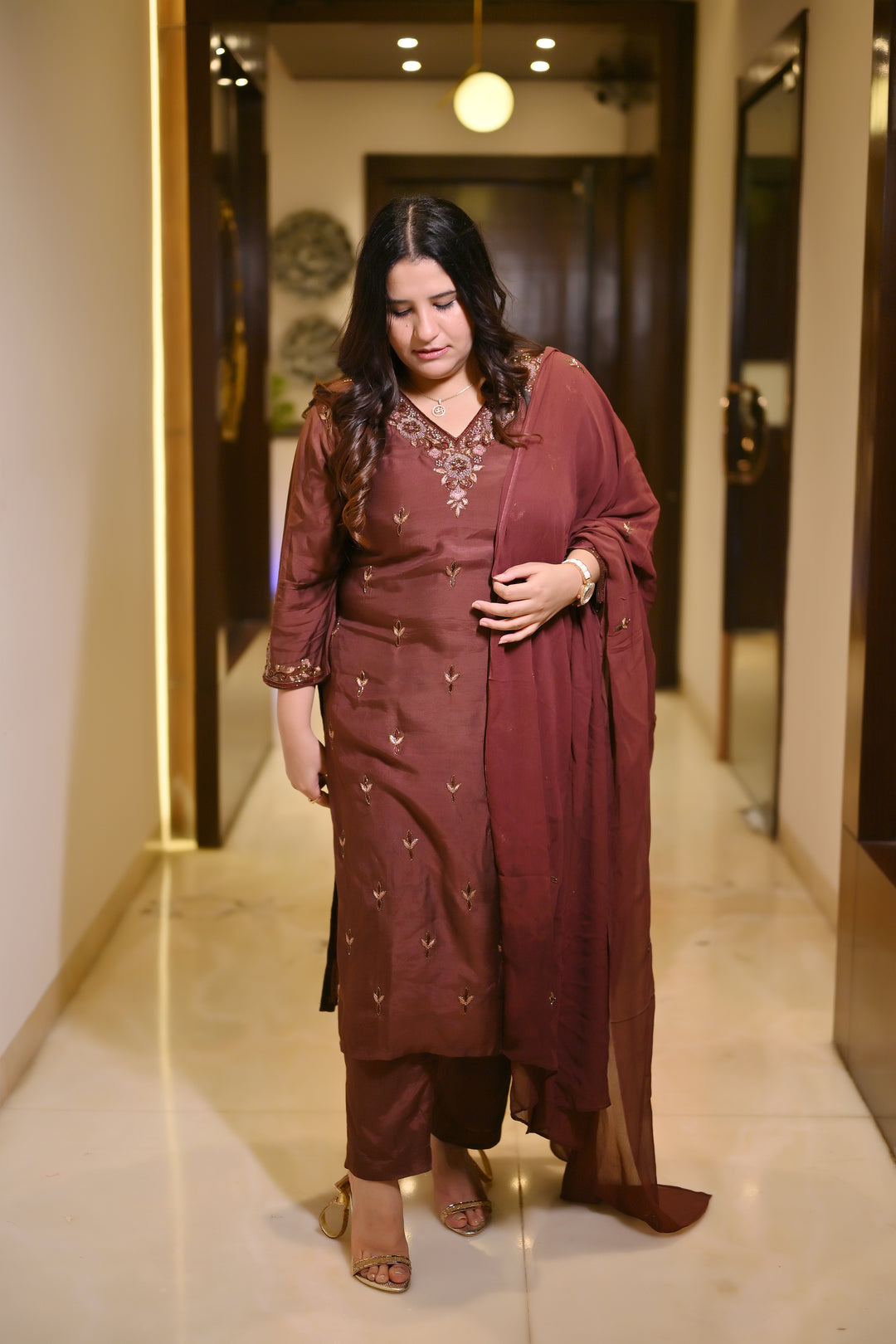 Dark Brown Hand Embroidered Suit Set-Custom Made