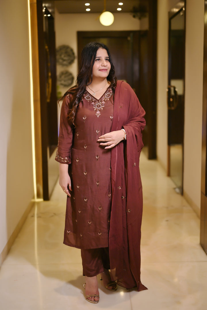 Dark Brown Hand Embroidered Suit Set-Custom Made