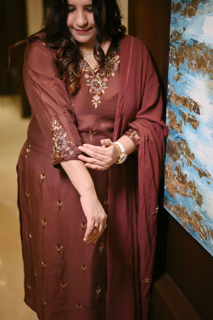 Dark Brown Hand Embroidered Suit Set-Custom Made