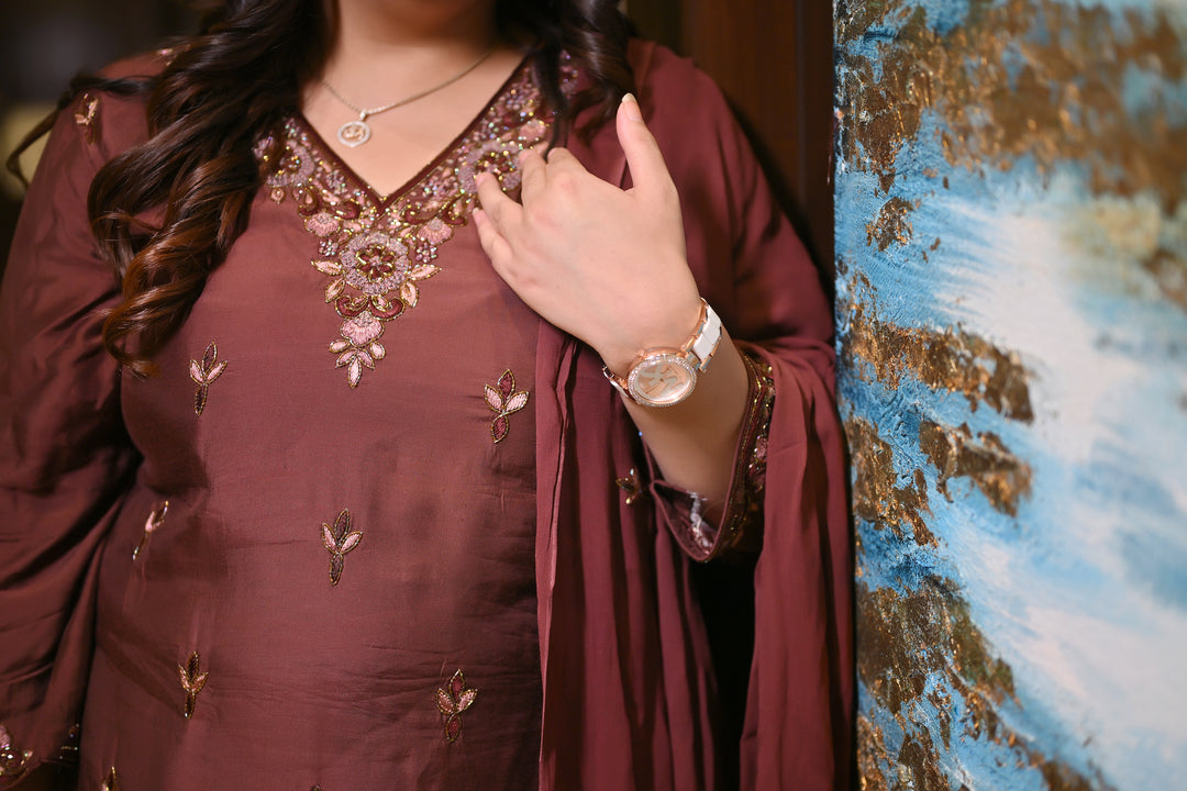 Dark Brown Hand Embroidered Suit Set-Custom Made