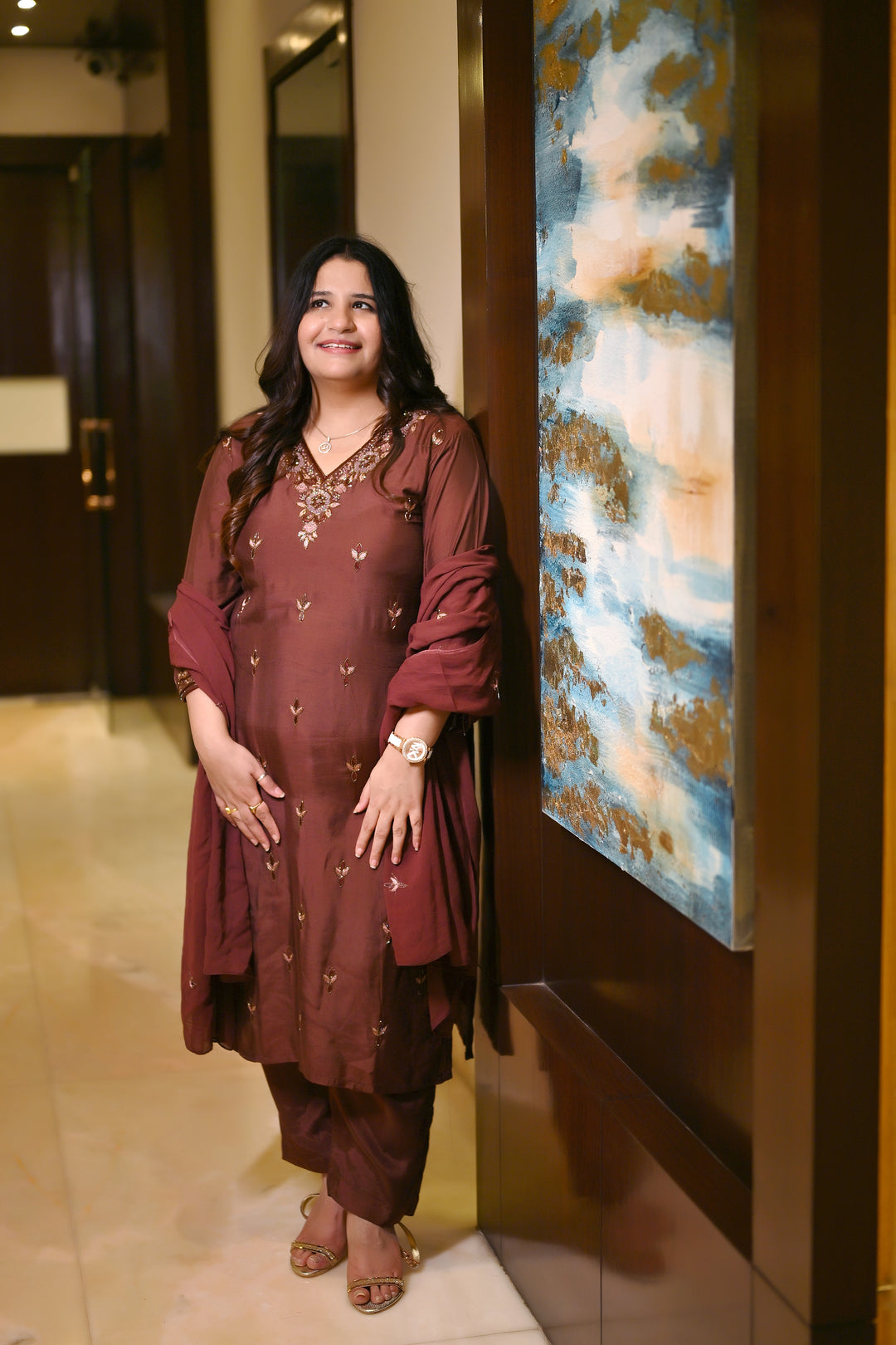 Dark Brown Hand Embroidered Suit Set-Custom Made