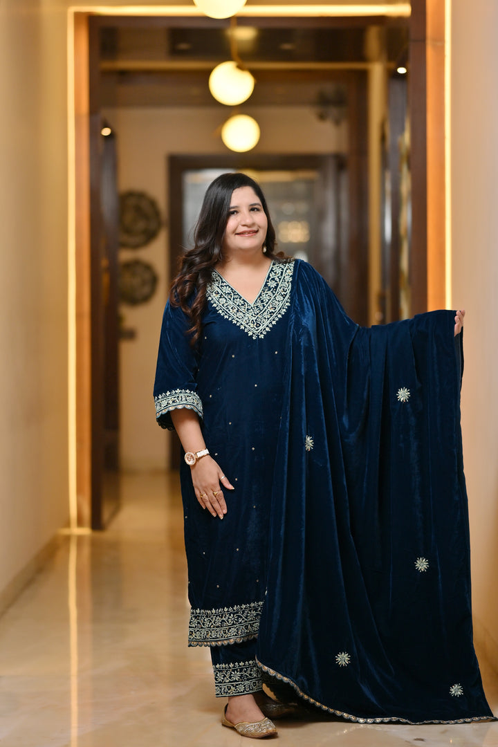 Teal Blue Velvet Chikankari Suit Set - Custom Made