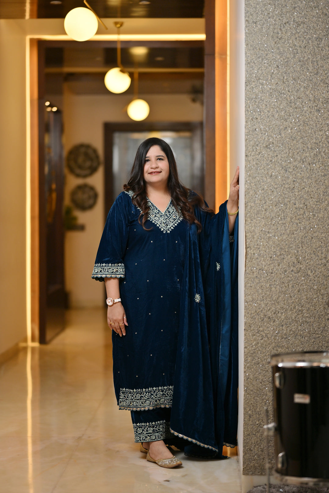 Teal Blue Velvet Chikankari Suit Set - Custom Made