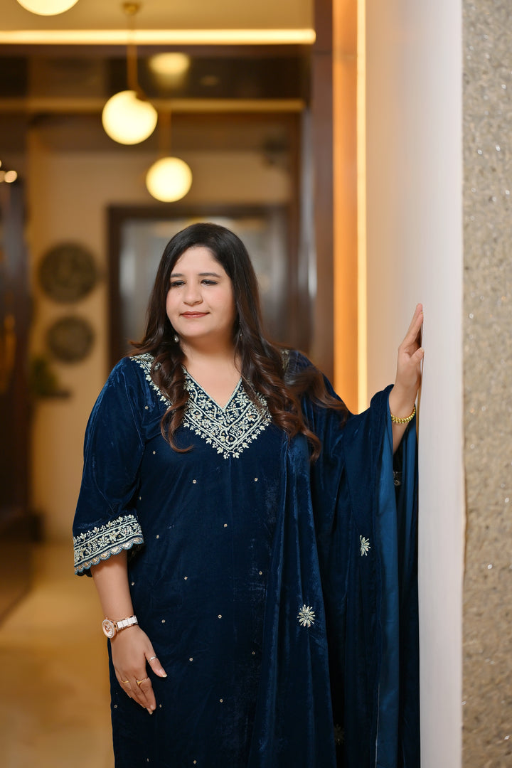 Teal Blue Velvet Chikankari Suit Set - Custom Made