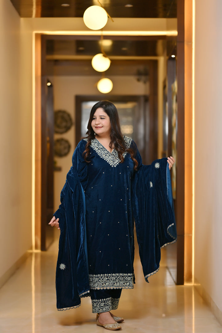 Teal Blue Velvet Chikankari Suit Set - Custom Made