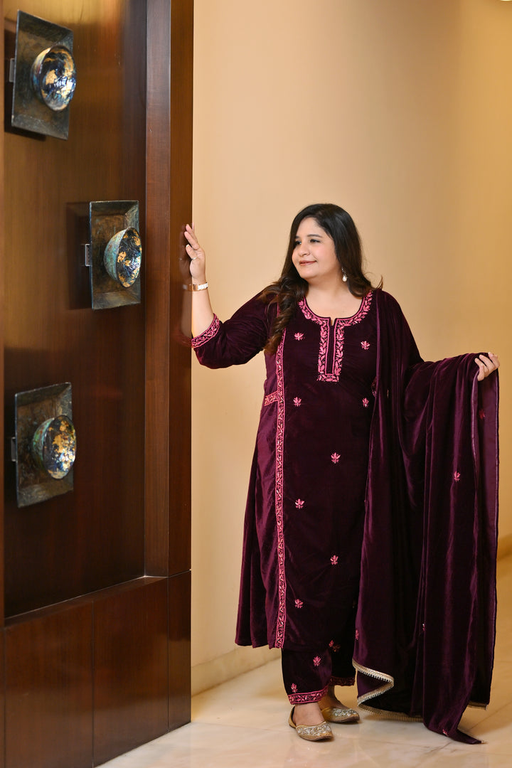 Wine A-line Velvet Chikankari Suit Set - Custom Made
