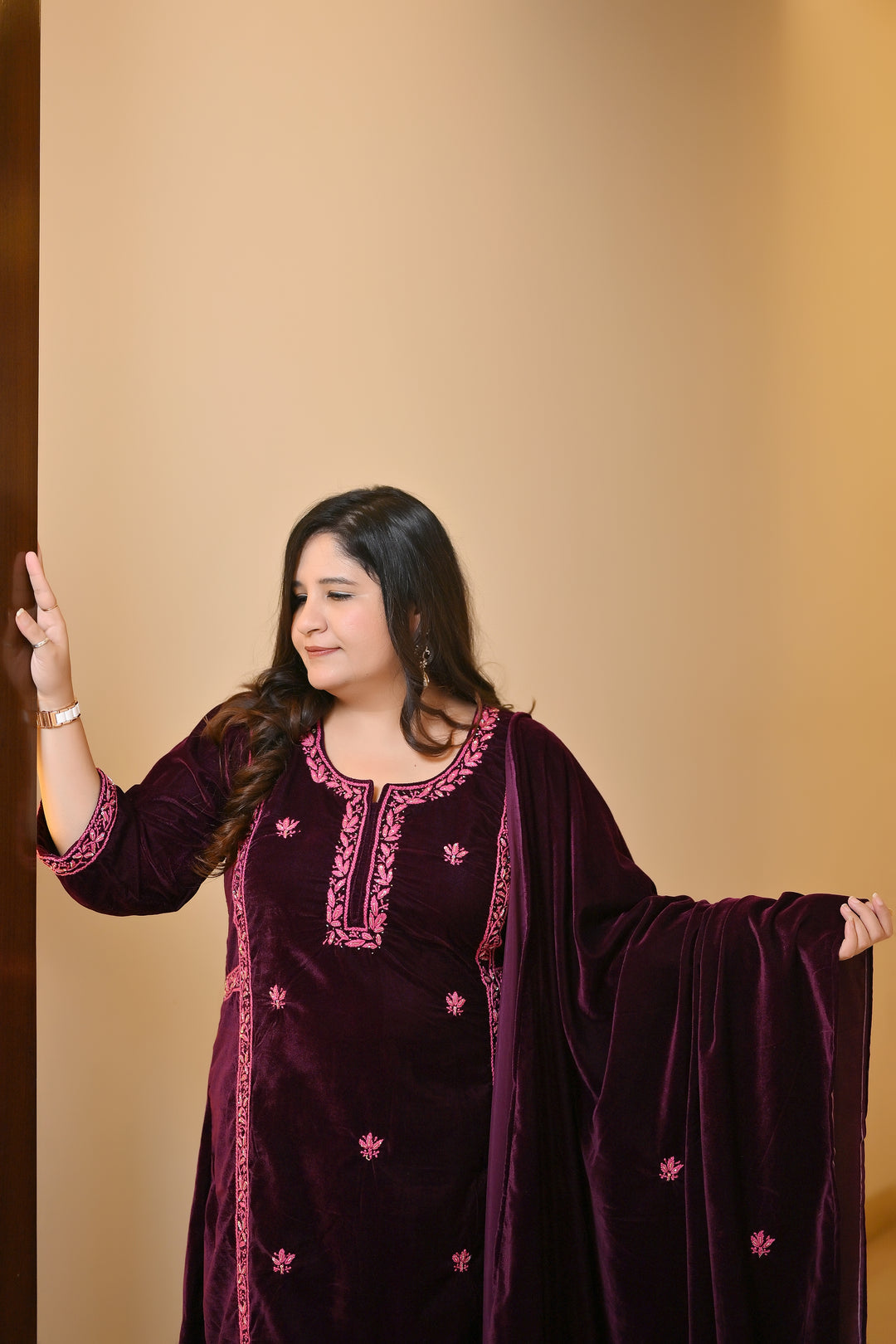 Wine A-line Velvet Chikankari Suit Set - Custom Made