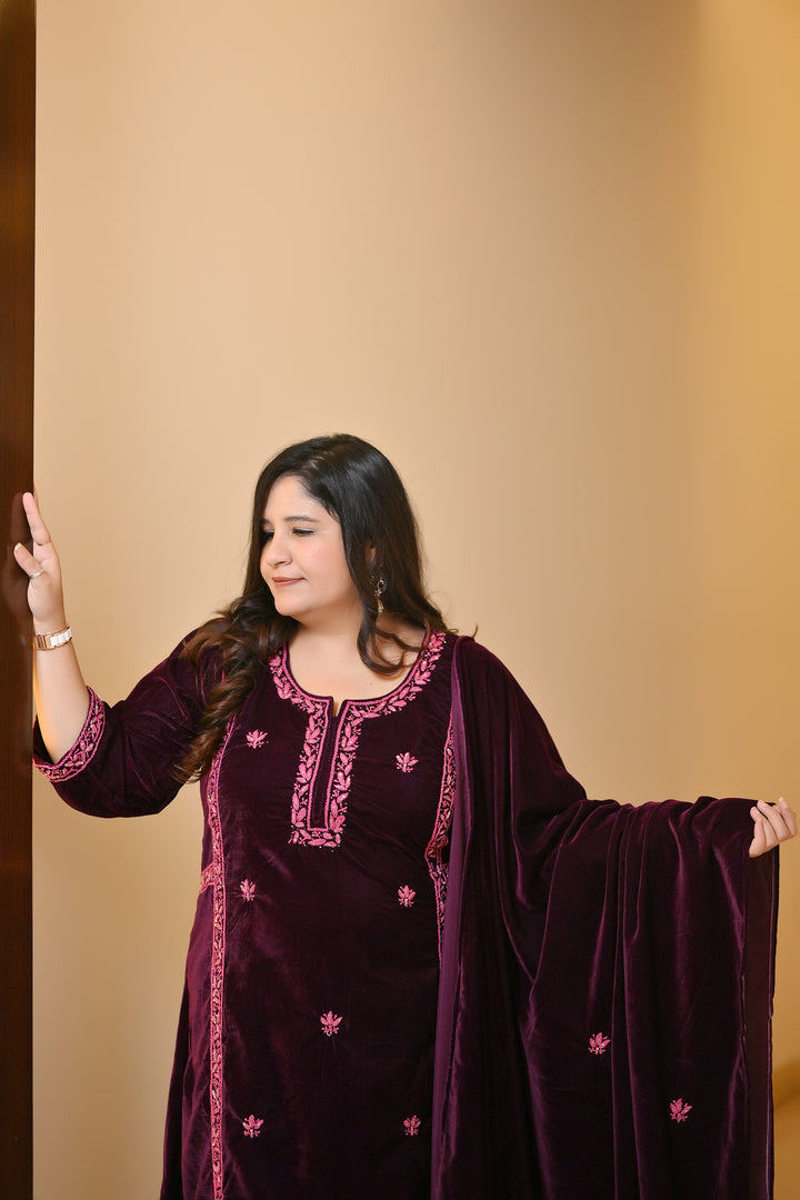 Wine A-line Velvet Chikankari Suit Set - Custom Made
